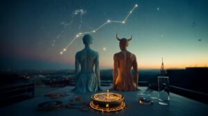 Illustration von Wassermann und Stier, die am 19. März 2026 die Weichen für finanziellen Erfolg stellen