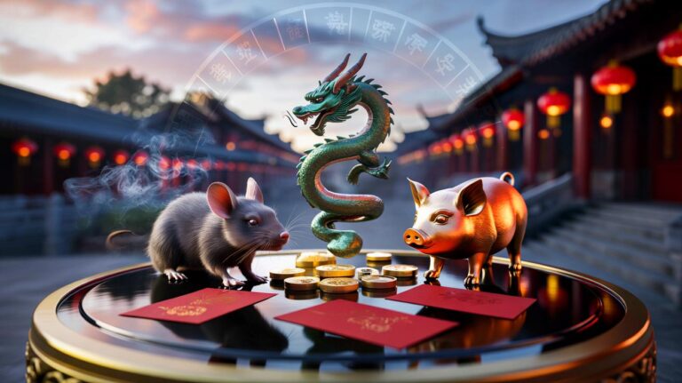 Illustration von drei chinesischen Sternzeichen (Ratte, Drache und Schwein), die am 19. März 2026 Glück und Fülle anziehen