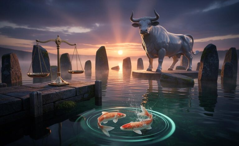 Illustration von den Sternzeichen Waage, Stier und Fische in einer Phase der Harmonie zur Tagundnachtgleiche am 20. März 2026