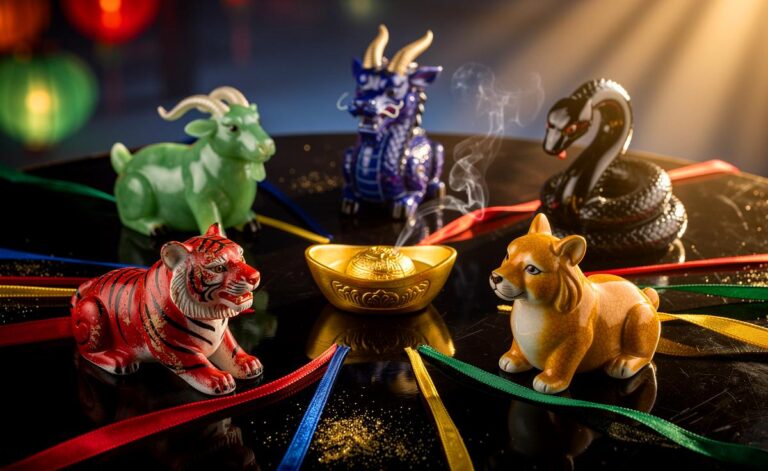 Illustration von fünf chinesischen Sternzeichen – Tiger, Hund, Ziege, Drache und Schlange – die am 20. März 2026 Glück und Wohlstand anziehen