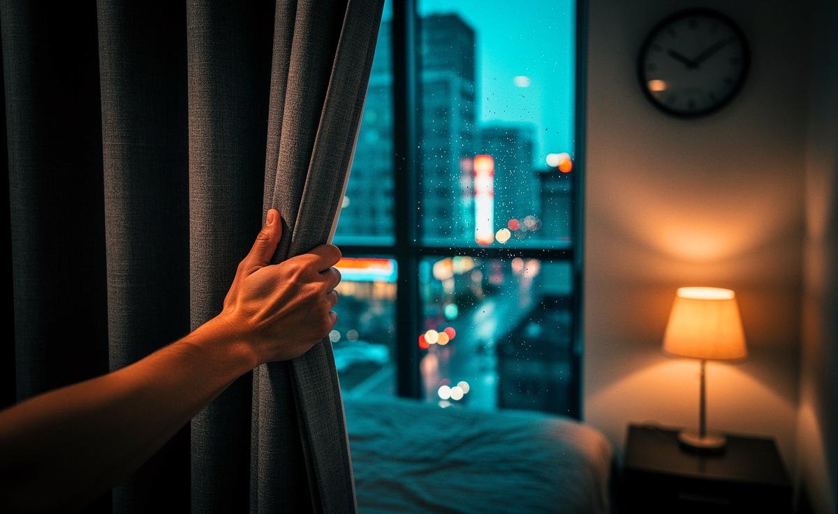 Illustration von Vorhängen, die um 19:15 Uhr zugezogen werden, um abendliches Licht zu reduzieren und den Schlaf zu fördern