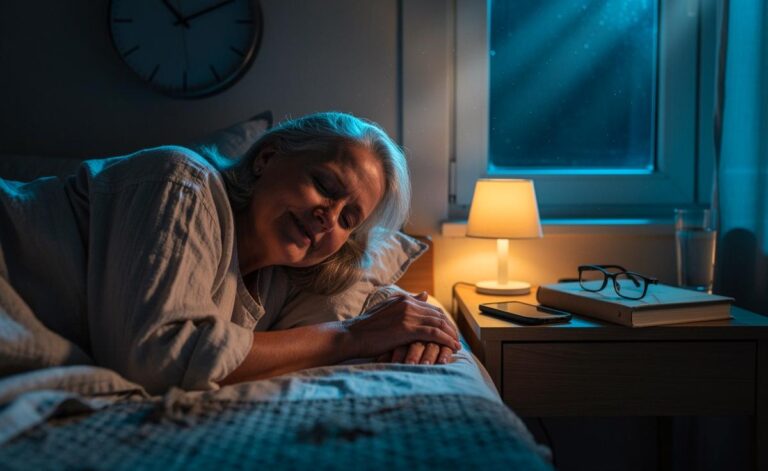 Illustration von einer Person ab 55, die vor Mitternacht einschläft – Symbol für Tiefschlaf, Melatoninwirkung und körperliche Regeneration