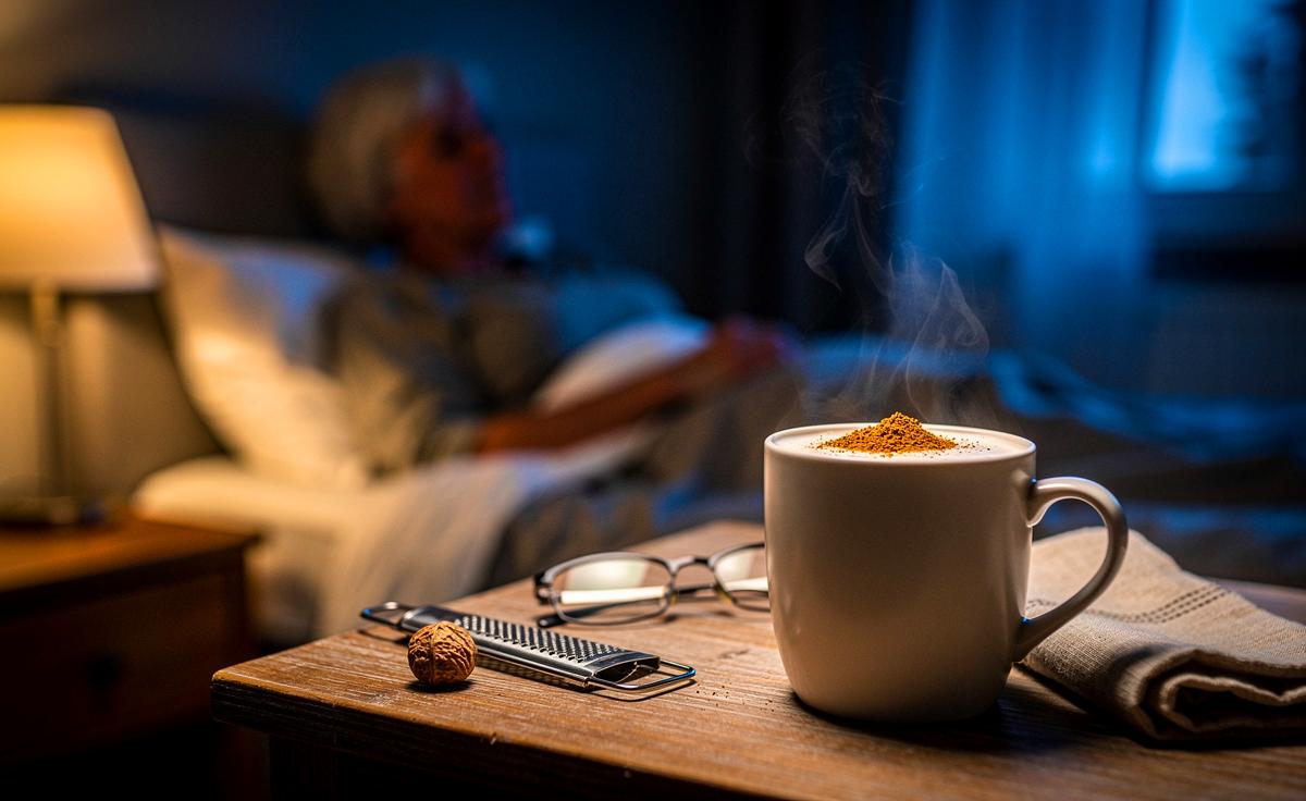 Illustration von einer Tasse warmer Milch mit einer Prise Muskatnuss am Abend für natürliche Entspannung und besseren Schlaf ab 63 Jahren