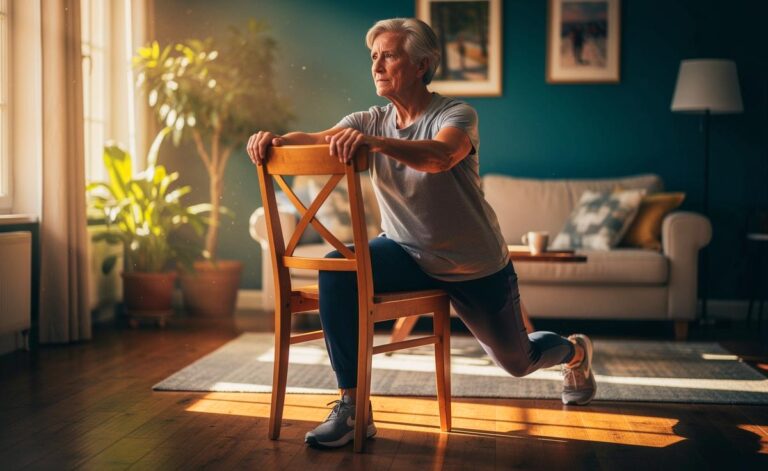 Illustration von einer älteren Person (ab 63) bei einer Hüftbeuger-Dehnung am Stuhl zur Verbesserung der Gelenkbeweglichkeit