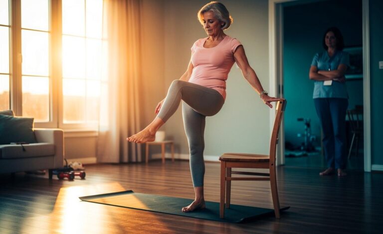 Illustration von täglichen Balanceübungen für Menschen ab 65 zur Steigerung der Stabilität und zur Sturzprävention, empfohlen von Orthopäden