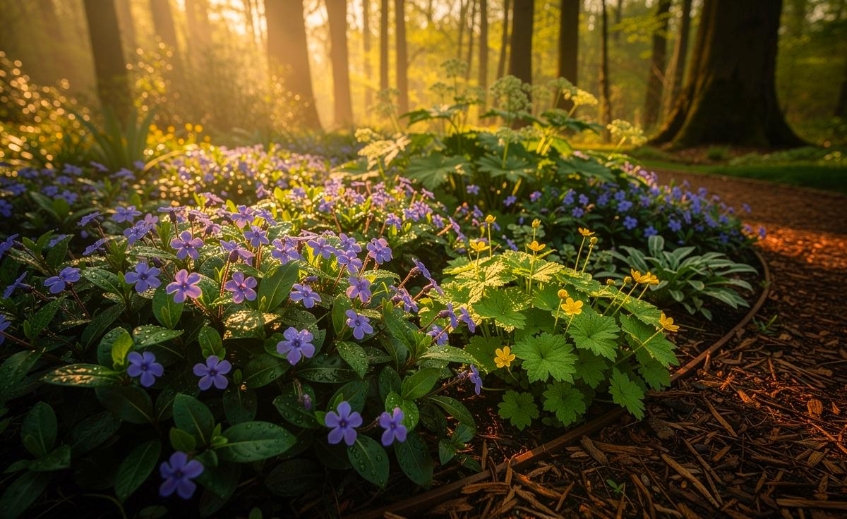 Illustration von immergrünen Bodendeckern, die schneller als Giersch wachsen und Gartenflächen dauerhaft grün und sauber halten