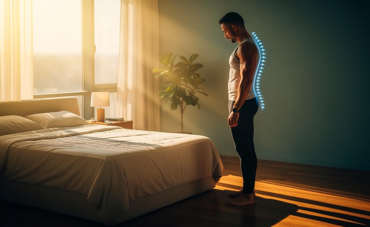 Illustration von einer Person, die direkt nach dem Aufstehen neben dem Bett eine einfache, dynamische Dehnübung im Stand zur Aktivierung der Wirbelsäule ausführt