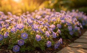 Illustration von einem dichten Teppich aus Geranium 'Rozanne', der Unkraut unterdrückt und den ganzen Sommer blüht