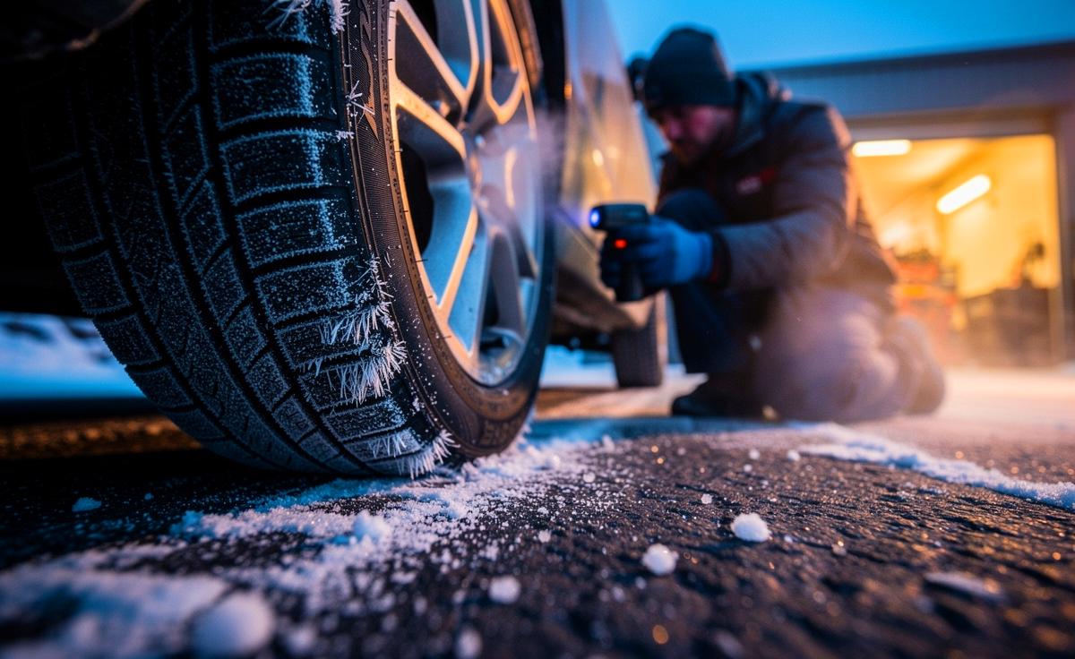 Illustration von einem Automechaniker, der vor kalten Reifen und erhöhtem Reifenverschleiß warnt