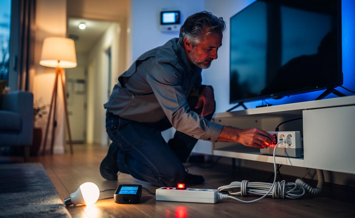 Illustration von einem erfahrenen Elektriker, der im Haushalt einfache Stromspar‑Tricks mit LED‑Beleuchtung, schaltbarer Steckdosenleiste und Energiekostenmessgerät zeigt