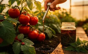 Illustration von der Ausbringung von Brennnesseljauche an Tomatenpflanzen zur natürlichen Kräftigung und Schädlingsabwehr