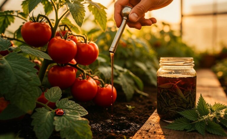 Illustration von der Ausbringung von Brennnesseljauche an Tomatenpflanzen zur natürlichen Kräftigung und Schädlingsabwehr