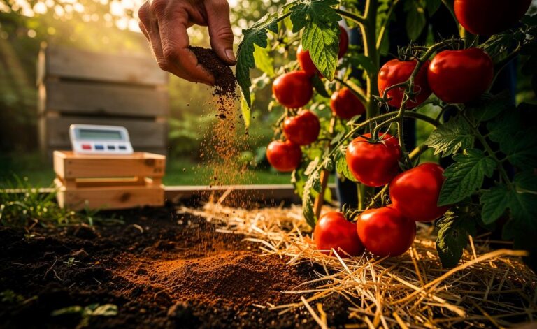 Illustration von einem Gärtner, der Kaffeesatz als organischen Dünger rund um Tomatenpflanzen ausbringt, um Wachstum und Ertrag zu erhöhen