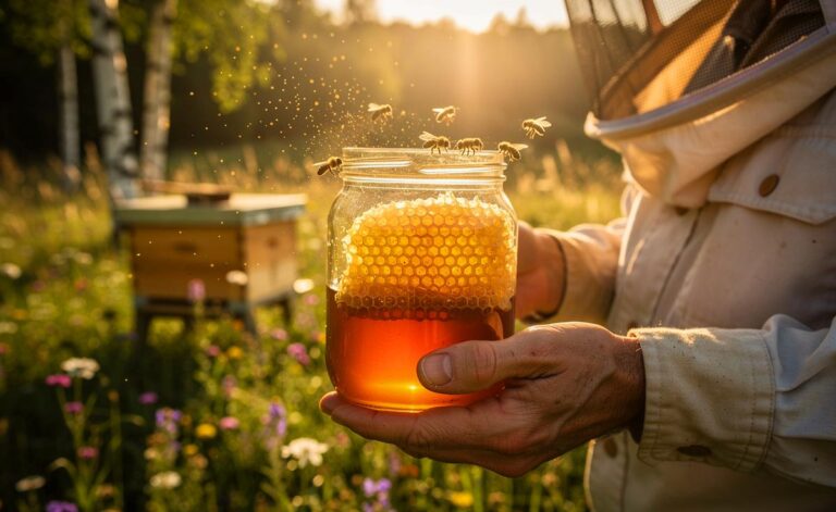 Illustration von einem Imker mit rohem, regionalem Honig, lokalen Blütenpollen und Bienen zur natürlichen Linderung saisonaler Allergien