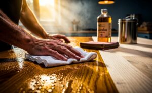 Illustration von einem Schreiner beim fachgerechten Ölen einer Holzarbeitsplatte zur Verdoppelung ihrer Lebensdauer