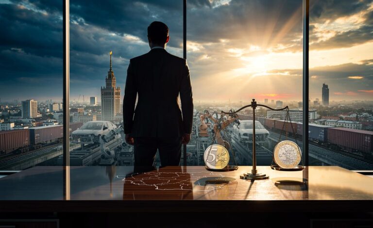Illustration von Euro-Beitritt Polens ab 2026 und den wirtschaftlichen Risiken aus Sicht eines Ex-Bankers, mit Schwerpunkt auf Inflation, Wechselkursfixierung und Fiskalregeln