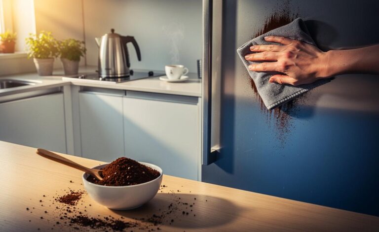 Illustration von Kaffeesatz als natürlichem Reinigungsmittel, der mit einem weichen Tuch auf einer Edelstahloberfläche in der Küche angewendet wird, für streifenfreien Glanz ohne Chemie