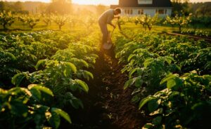 Illustration von angehäuften Kartoffelreihen im Frühjahrsbeet, deren dichter Blattwuchs Unkraut natürlich beschattet und unterdrückt