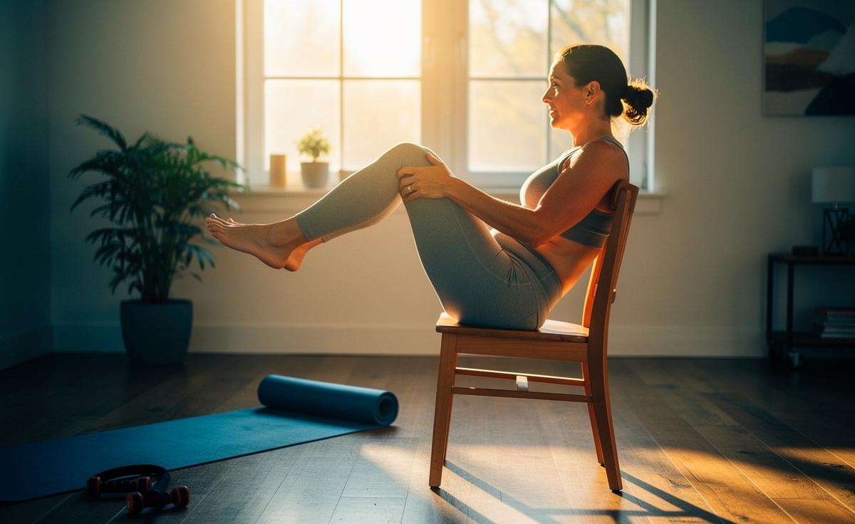 Illustration von der kurzen Stuhl-Übung (sitzendes Beinheben) zur Kräftigung der Bauchmuskulatur im Heimtraining