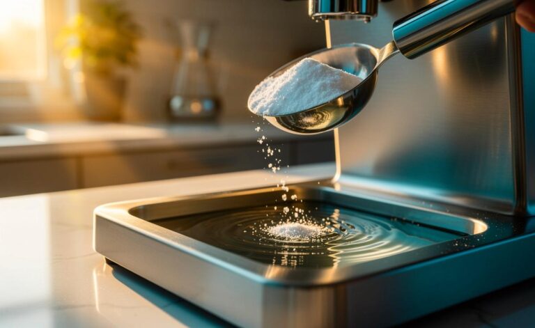 Illustration von einem Esslöffel Natron, der in den Wassertank einer Kaffeemaschine zur schnellen Reinigung gegeben wird