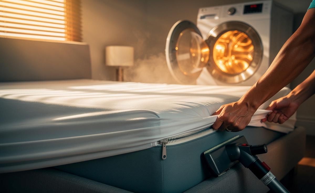 Illustration von wöchentlichem Bettwäschewechsel zur Reduktion von Hausstaubmilben durch 60‑°C‑Wäsche, vollständiges Trocknen und Encasings