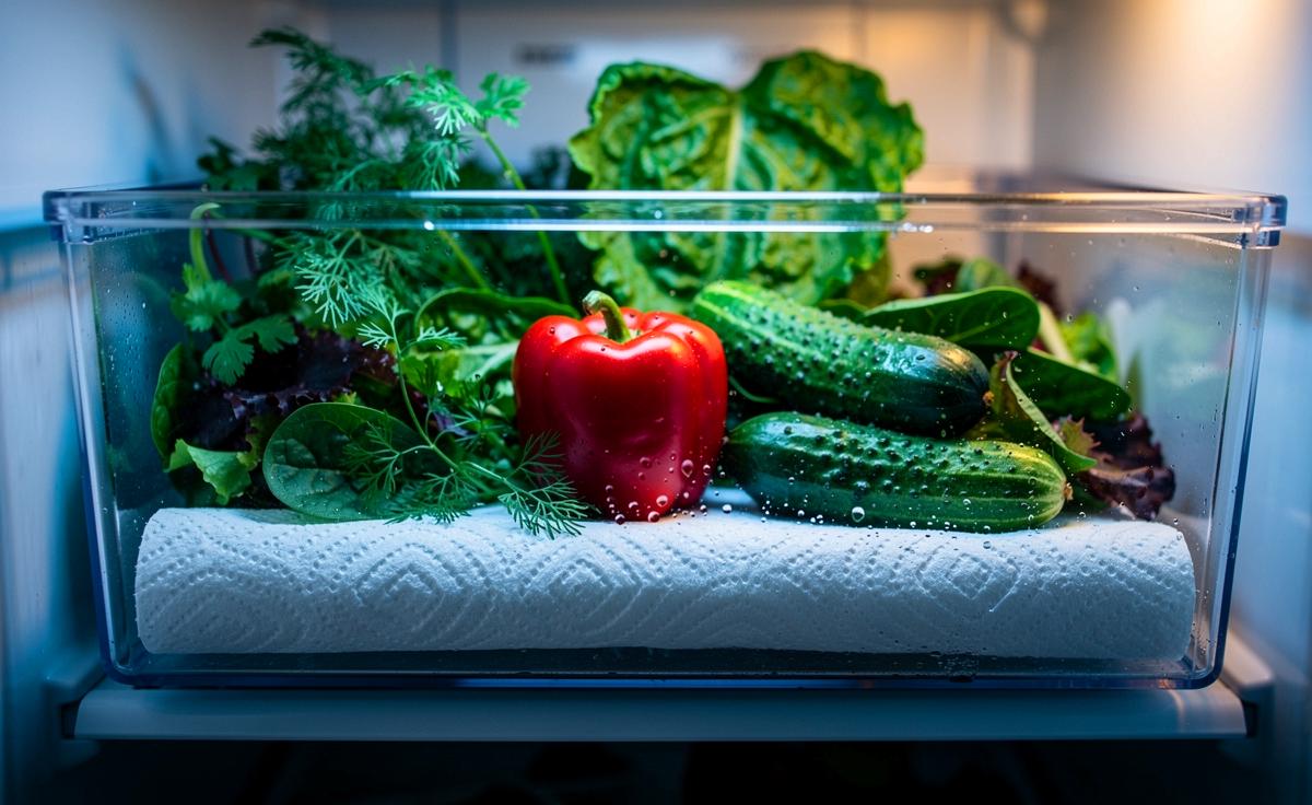 Illustration von Küchenpapier unter frischem Gemüse im Kühlschrank-Gemüsefach zur Feuchtigkeitsaufnahme und Schimmelprävention