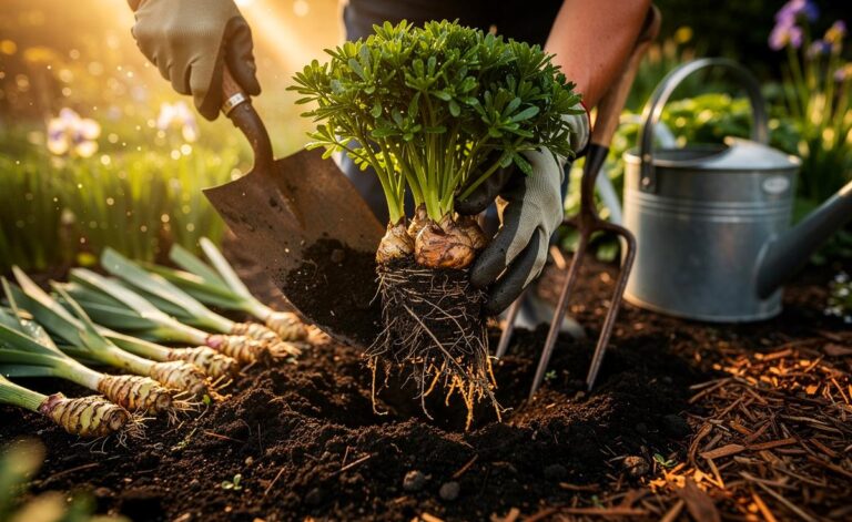 Illustration von der fachgerechten Teilung von Stauden im Garten mit Spaten und Grabegabel für üppigere Blüten im nächsten Jahr